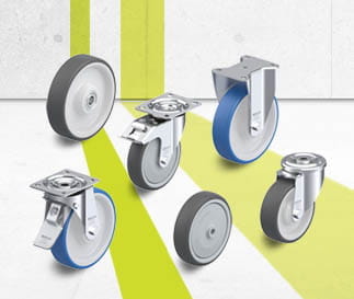Séries de roues et de roulettes avec bande de roulement en polyuréthane injecté